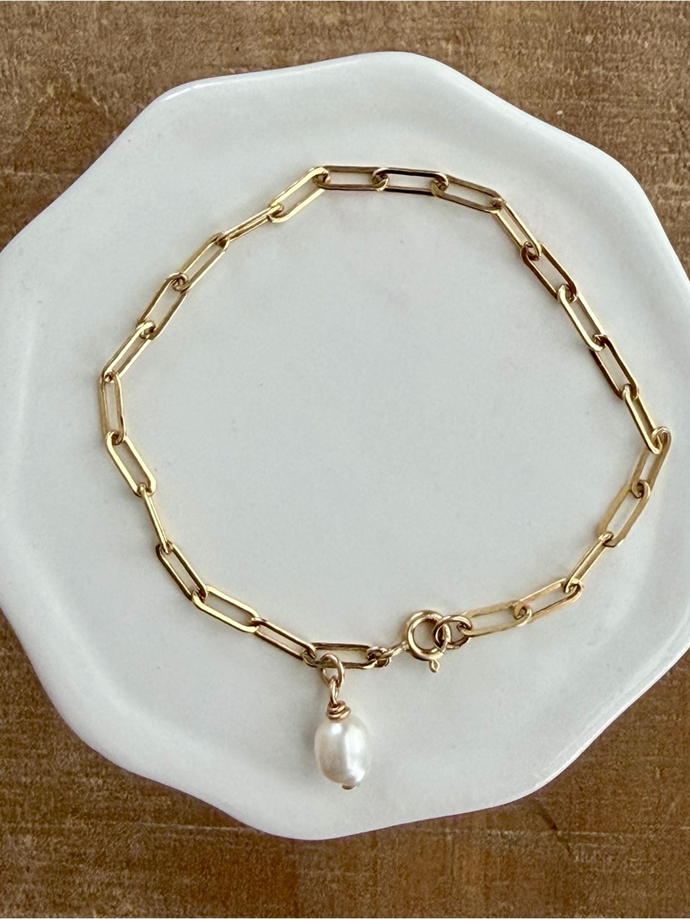 Elegant 18k Gold Filled Paperclip Chain Bracelet with Pearl Charm